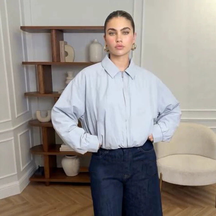 Damen Kurze Boxy-Hemdjacke mit Reißverschluss und elastischem Saum Drune