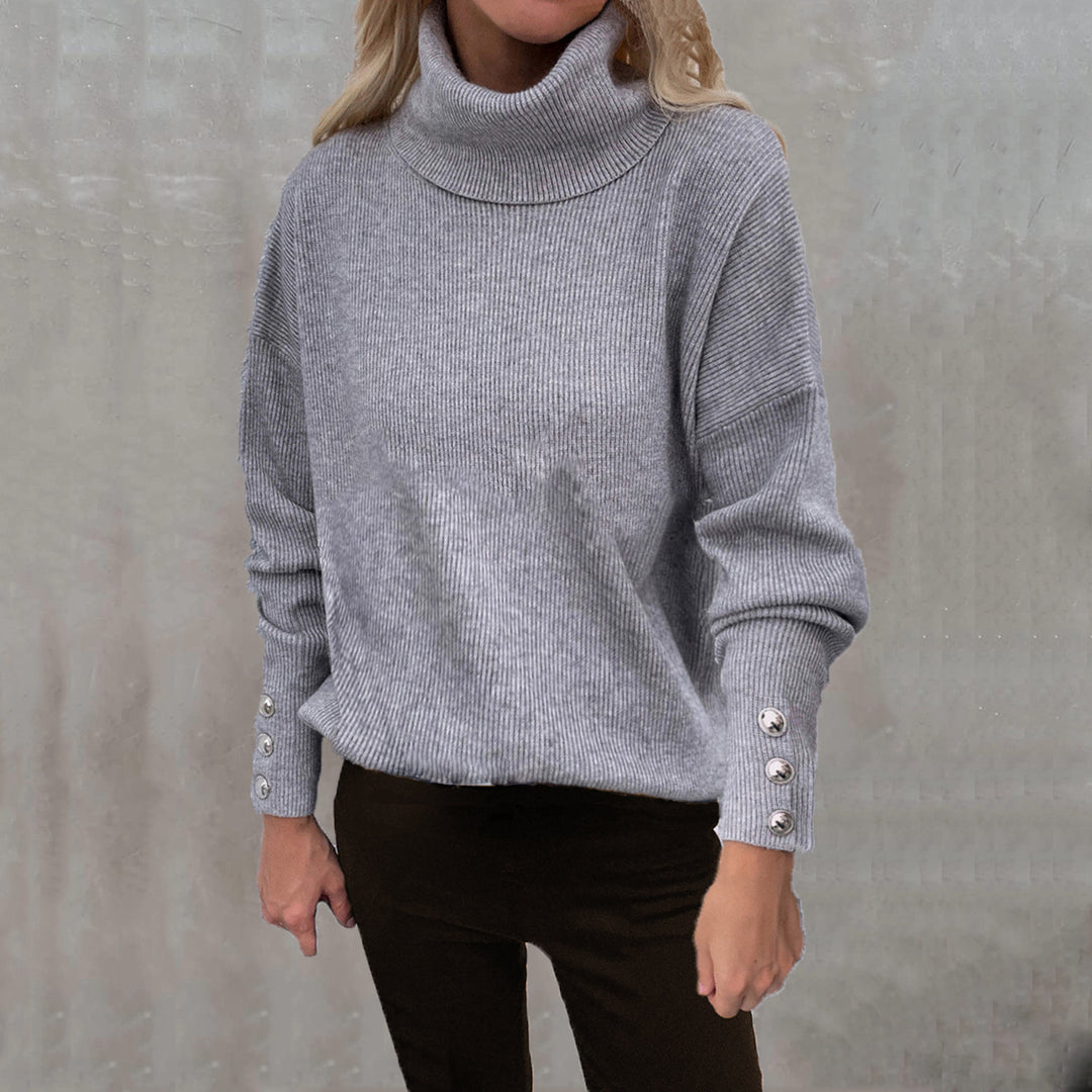 Damen Gerippter Rollkragenpullover mit Oversize-Schnitt und Zierknopfmanschetten Drune