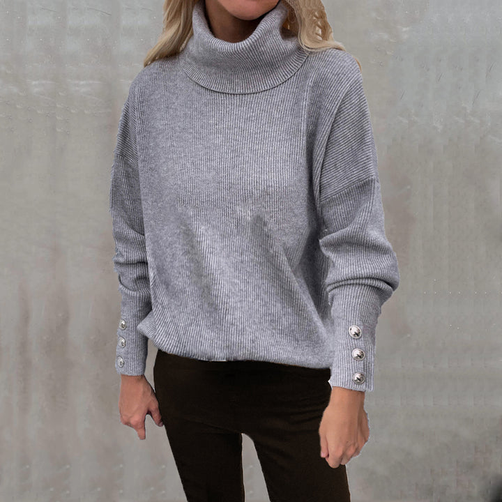 Damen Gerippter Rollkragenpullover mit Oversize-Schnitt und Zierknopfmanschetten Drune
