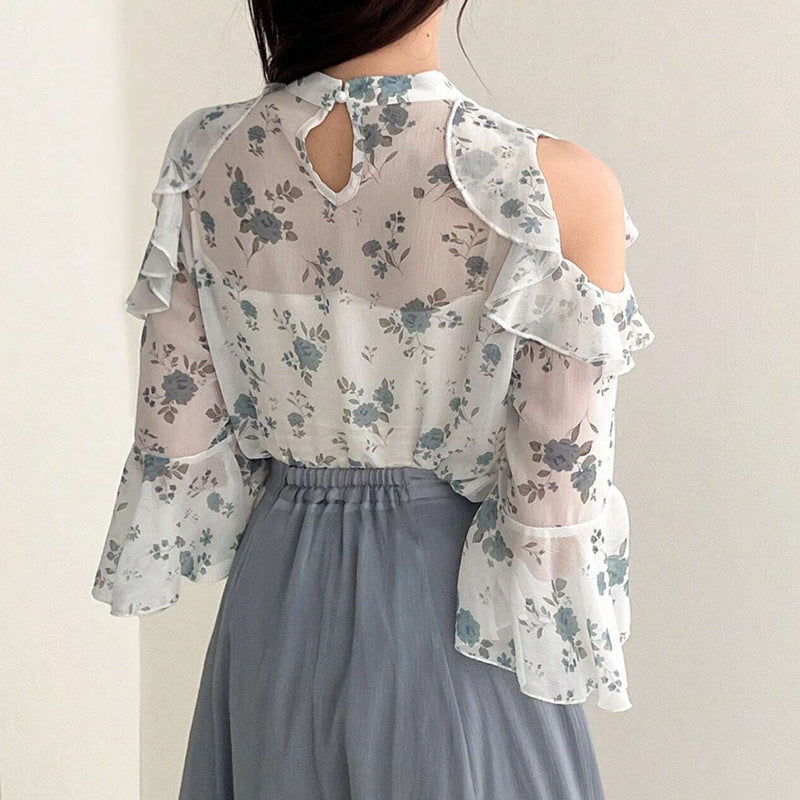 Damen Bluse mit transparentem Volant und floralem Druck Drune