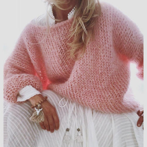 Damen Kurzgeschnitteter flauschiger Grobstrickpullover mit überschnittener Schulter Drune