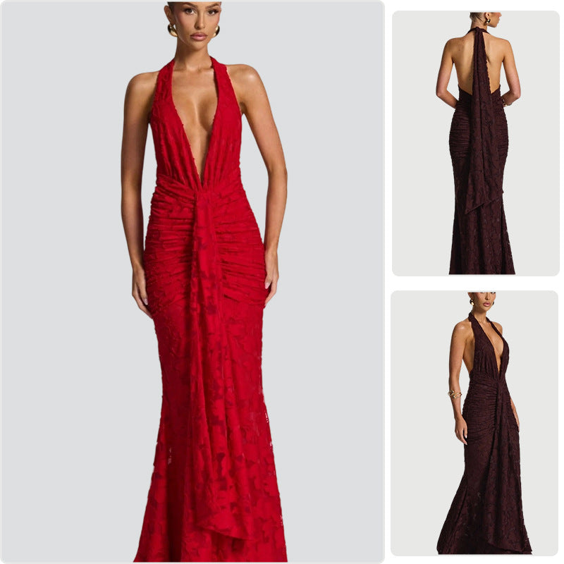 Damen Elegantes Maxikleid mit tiefem V-Ausschnitt und gerafftem Design Drune
