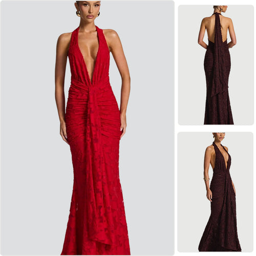 Damen Elegantes Maxikleid mit tiefem V-Ausschnitt und gerafftem Design Drune