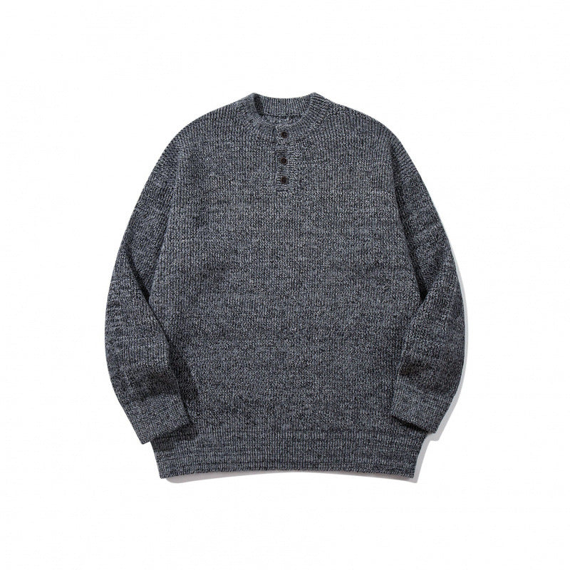Unisex Oversize Grobstrick-Henley-Pullover mit melierter Struktur und Rippabschlüssen Drune