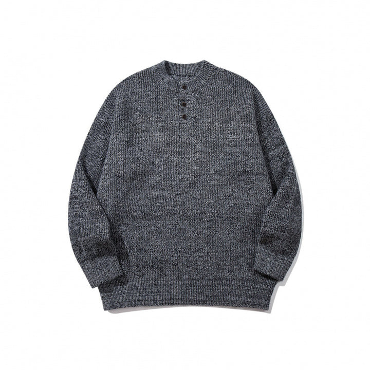 Unisex Oversize Grobstrick-Henley-Pullover mit melierter Struktur und Rippabschlüssen Drune
