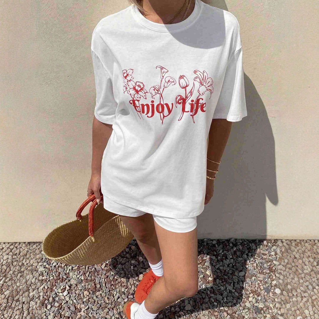 Damen Lässiges Oversize-T-Shirt mit floralem Druck und inspirierendem Schriftzug Drune