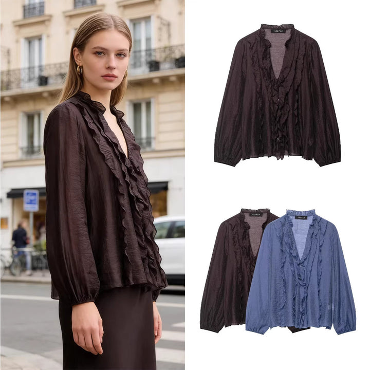Damen Transparente Crinkle-Bluse mit Volantkragen, Rüschenfront und Ballonärmeln Drune