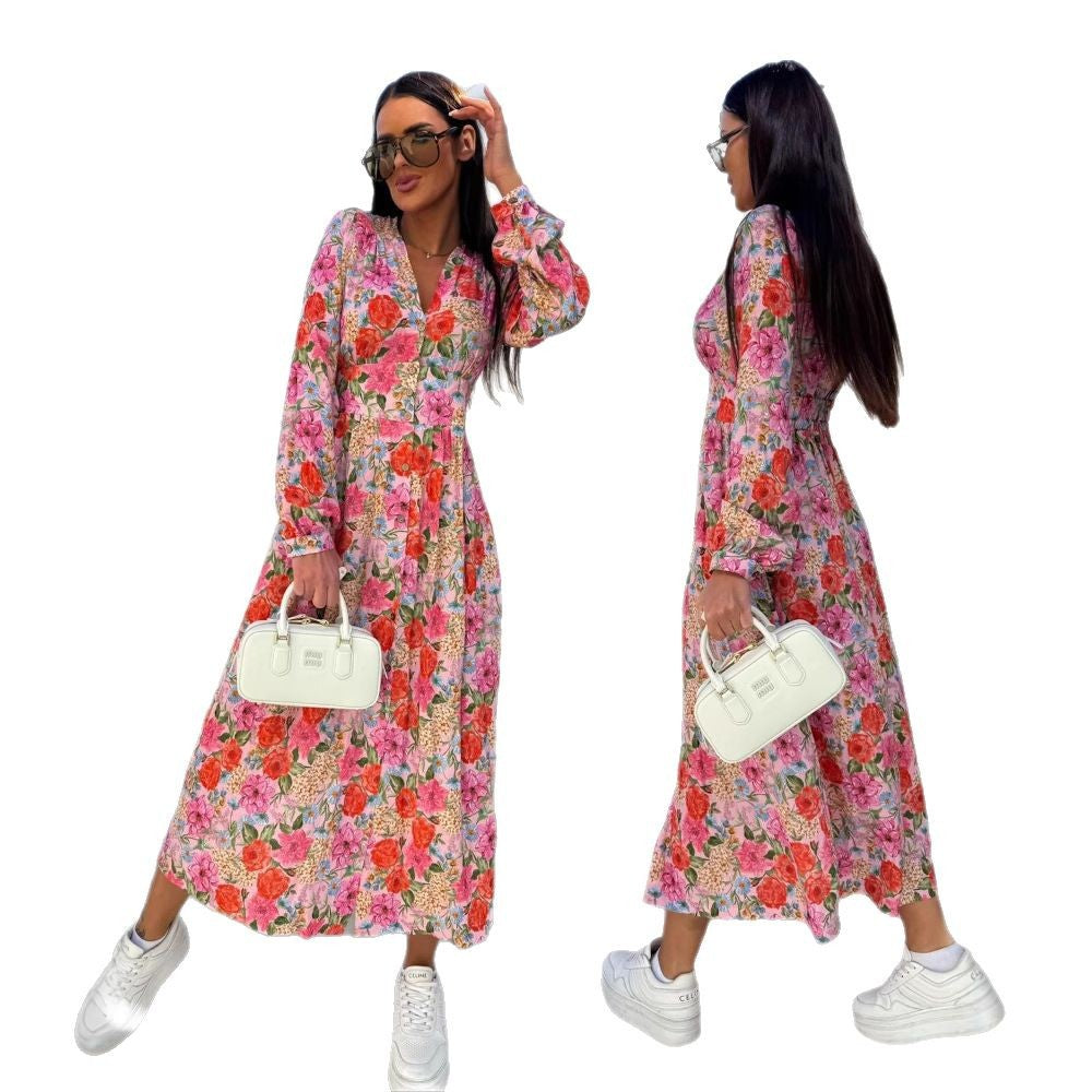 Damen Langarm Kleid mit floralem Design und tailliertem Schnitt Drune