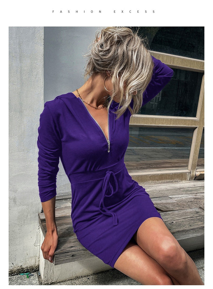 Damen sportliches Kleid mit Reißverschluss und regulierbarem Gürtel Drune
