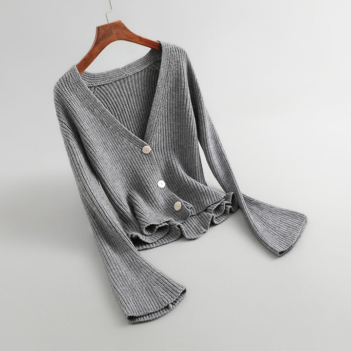 Damen gestrickte Jacke mit V-Ausschnitt und schwingendem Saum Drune