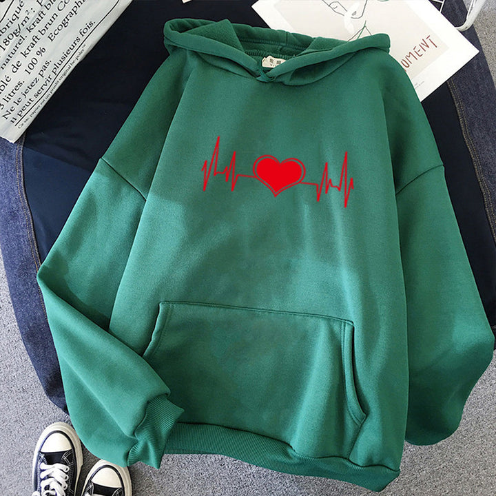 Unisex nan oversized Kapuzenpullover mit Herz-EKG-Print und Kängurutasche Drune