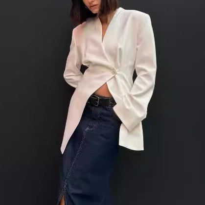 Damen elegante Blazerjacke mit strukturiertem Satinmaterial Drune