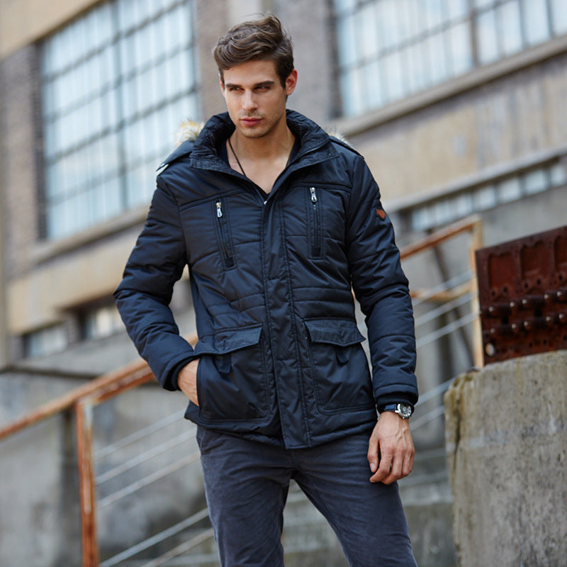 Herren Winterparka mit abnehmbarer Kunstfellkapuze gesteppter Thermofütterung und multifunktionalen Taschen Drune