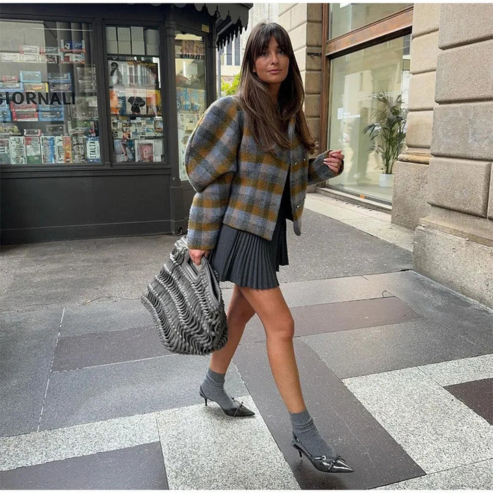 Damen Karierte Kurzjacke mit voluminösen Ärmeln Drune