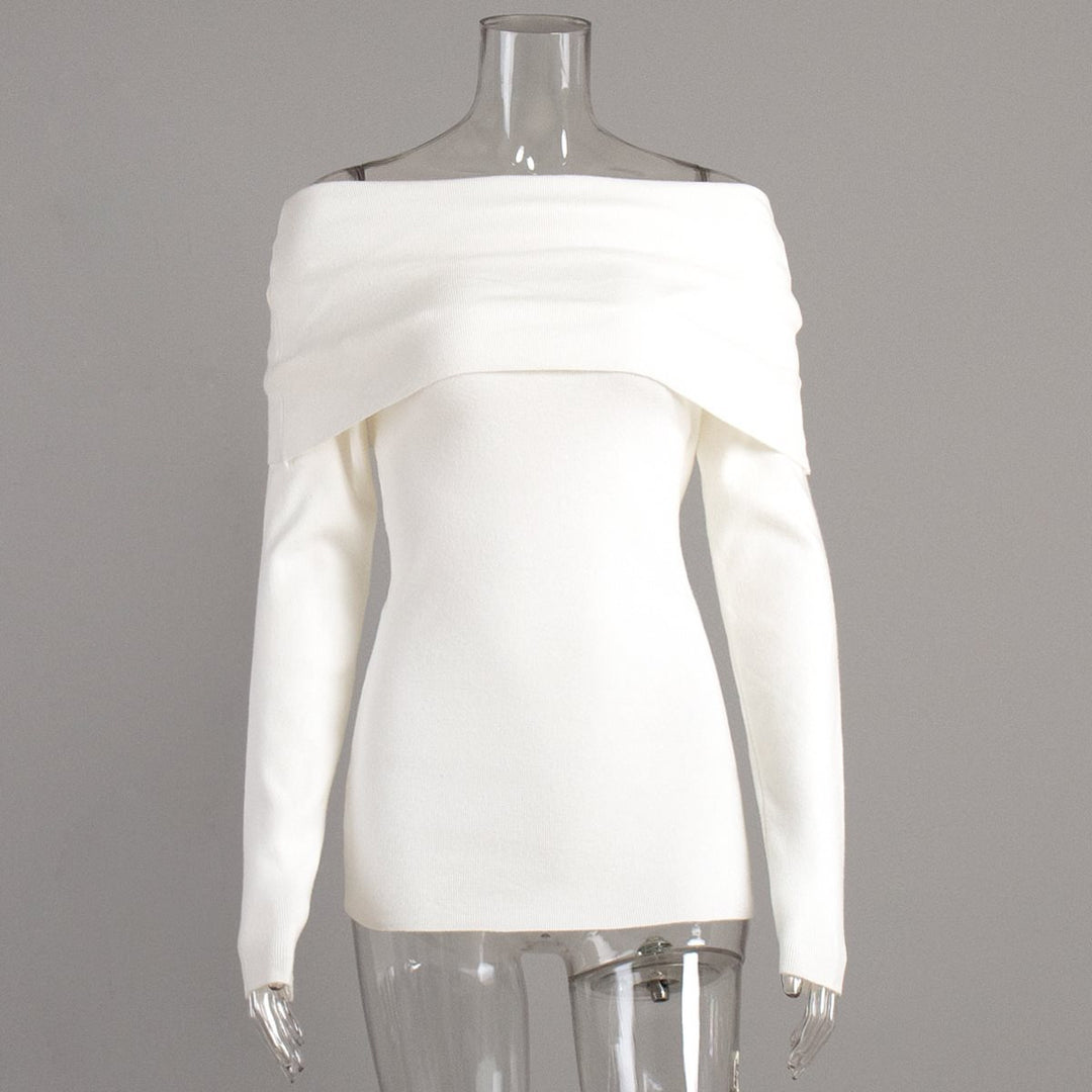 Damen schulterfreier Feinstrick-Pullover mit umlegbarem Carmenkragen Drune