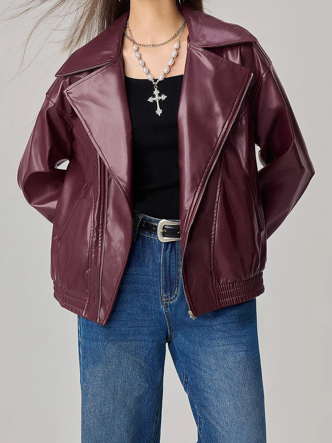 Damen Kunstlederjacke im angesagten Oversized-Stil mit schmalen Reißverschlussdetails Drune