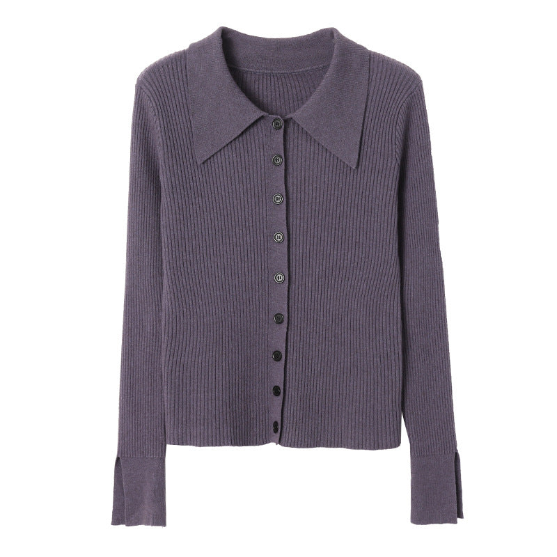 Damen feiner Strickpullover mit modischem Hemdkragen und Knopfleiste Drune