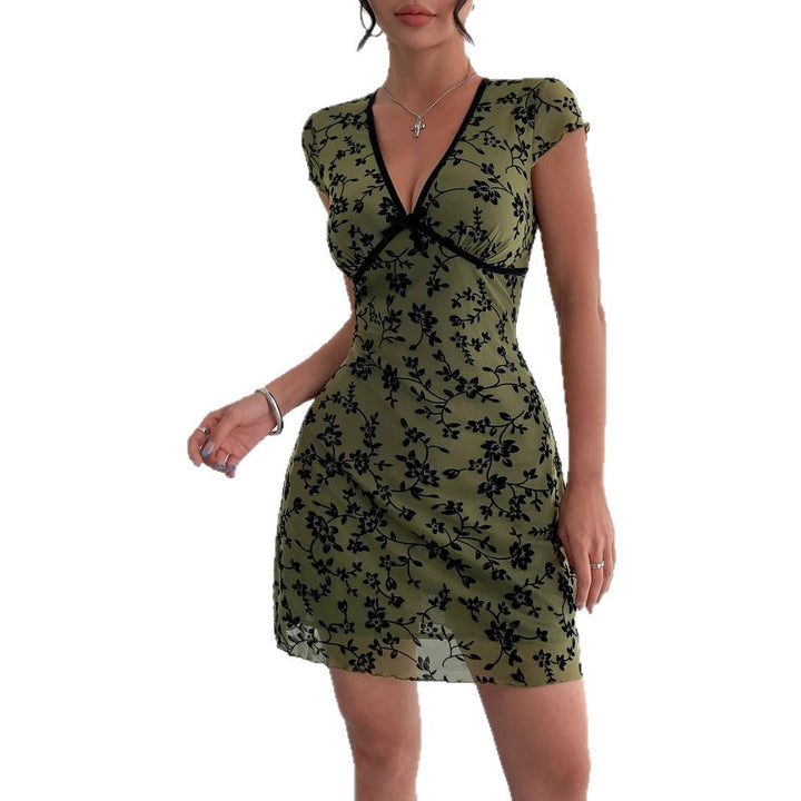 Damen nan figurbetontes Minikleid mit tiefem V‑Ausschnitt, Chiffon‑Überzug und floraler Samtoptik Drune