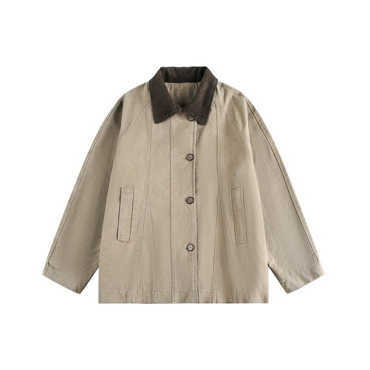 Unisex Kurz geschnittener Boxy-Jeansblouson mit Cordkragen und tonalen Ziernähten Drune