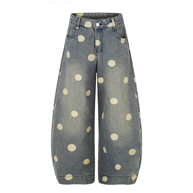 Damen Weite Jeans-Culotte im Palazzo-Stil mit hohem Bund und Punktmuster Drune