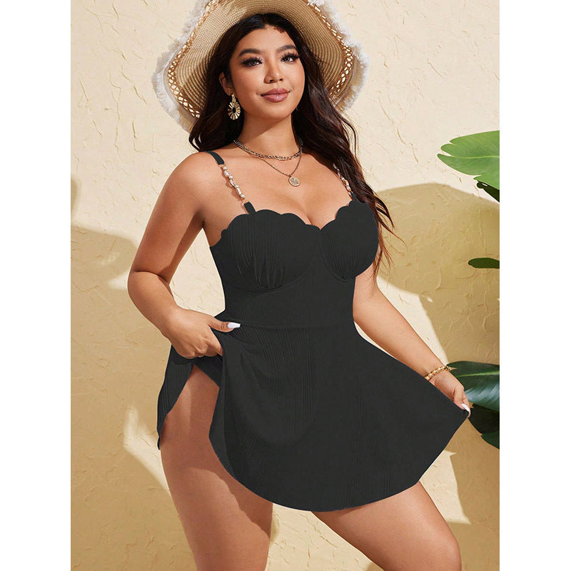 Damen Plissierter Strandkleid Badeanzug mit verstellbaren Trägern und romantischem Ausschnitt Drune