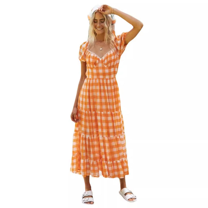 Damen maxi Kleid mit vollen Rüschen und Karomuster Drune