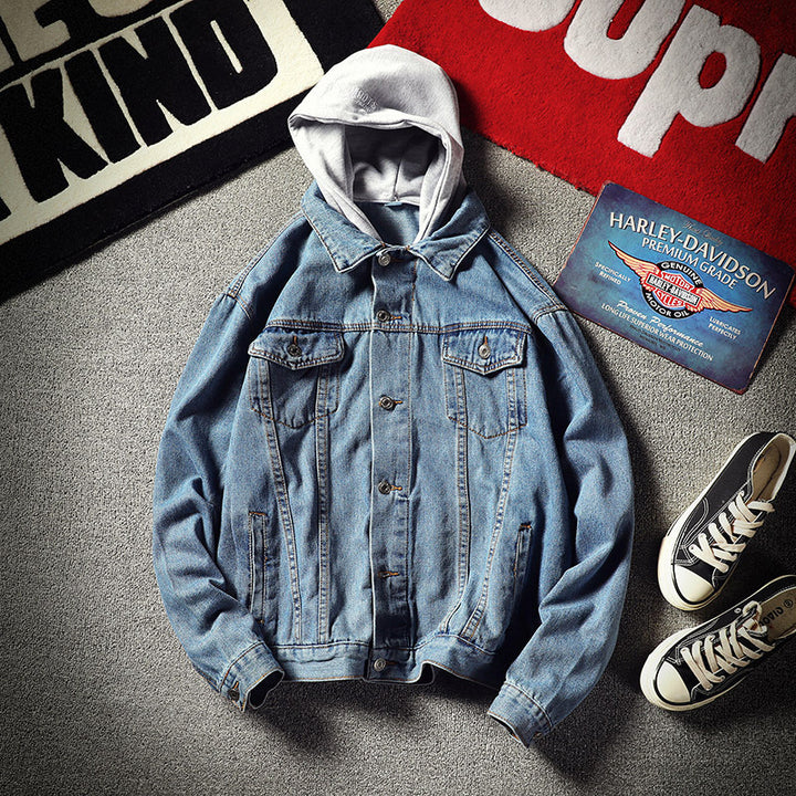 Herren Lässige Denimjacke mit integrierter Kapuze Drune