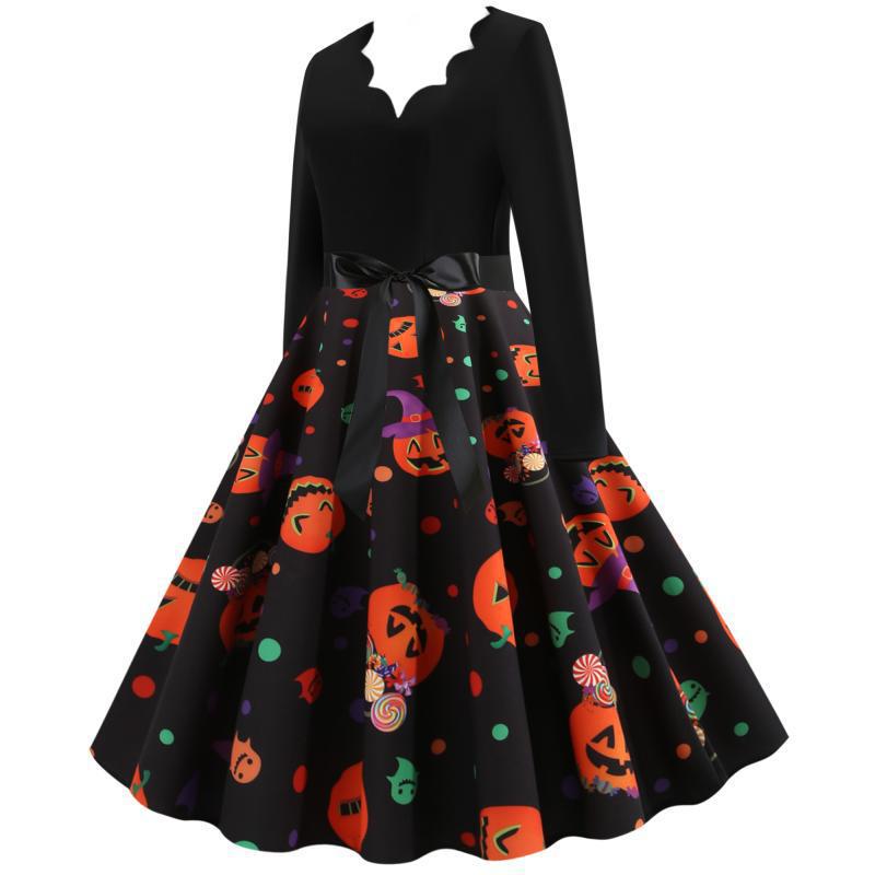 Damen Retro-Festliches Halloween-Kleid mit gewelltem Ausschnitt, taillierter Schnitt und weichem Tellerrock Drune