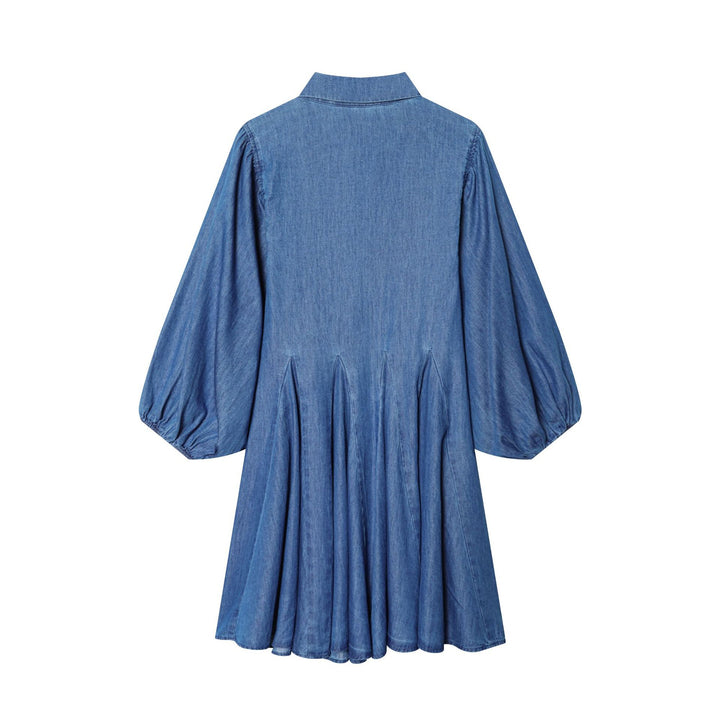 Damen nan weites Hemdkleid im Chambray‑Look mit Ballonärmeln und Taillenfalten Drune