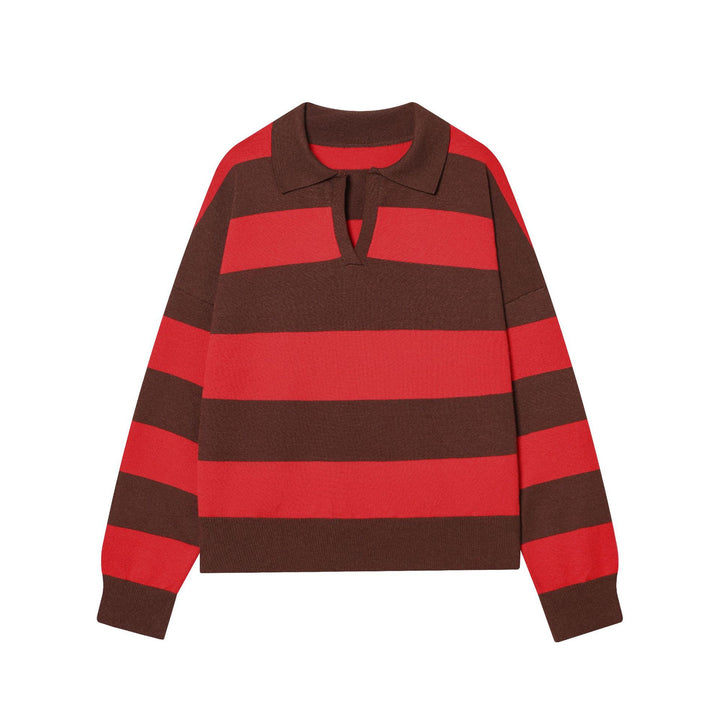 Damen nan gestreifter Rugby-Pullover mit Polokragen und tiefem V-Schlitz Drune