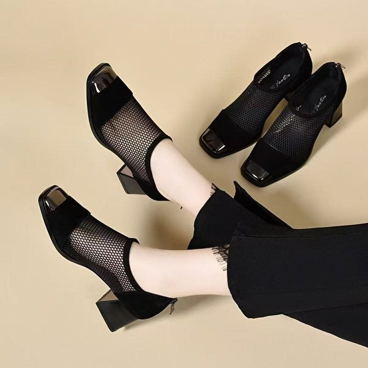 Damen Elegante Netz Pumps mit Blockabsatz Drune