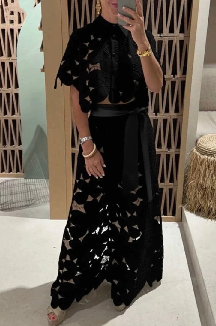 Damen nan zweiteiliges Spitzenensemble mit bauchfreier Bluse und weiter Palazzohose Drune