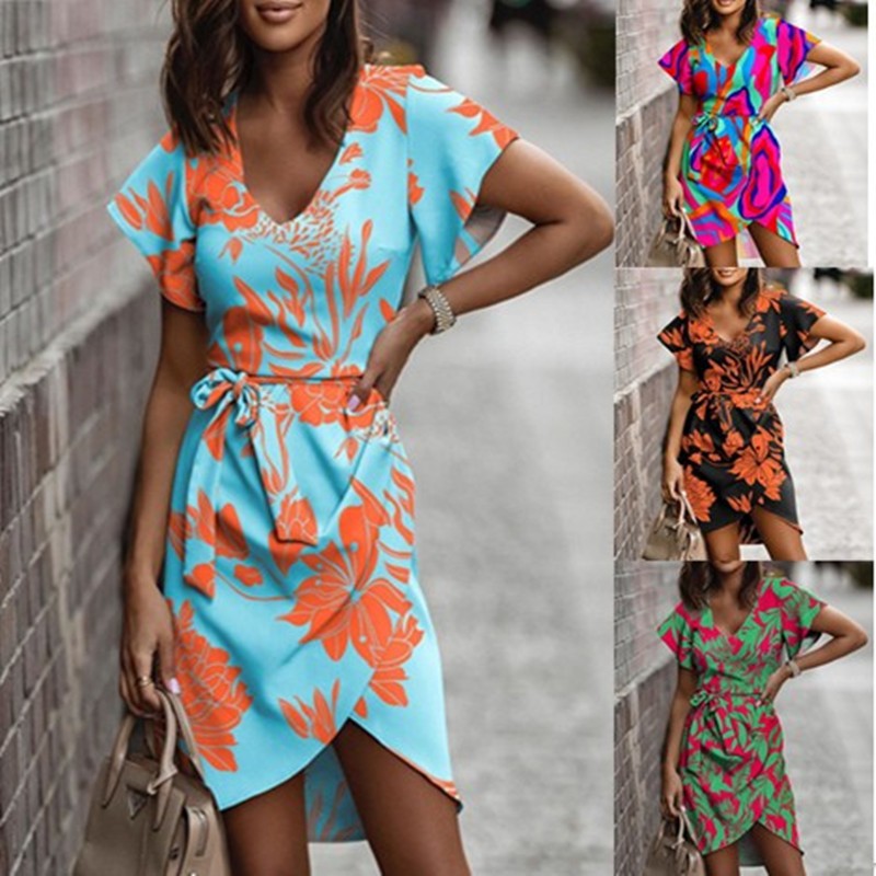 Damen Wickelkleid mit floralem Print und eleganter Schleife Drune