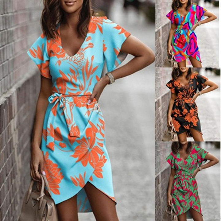 Damen Wickelkleid mit floralem Print und eleganter Schleife Drune