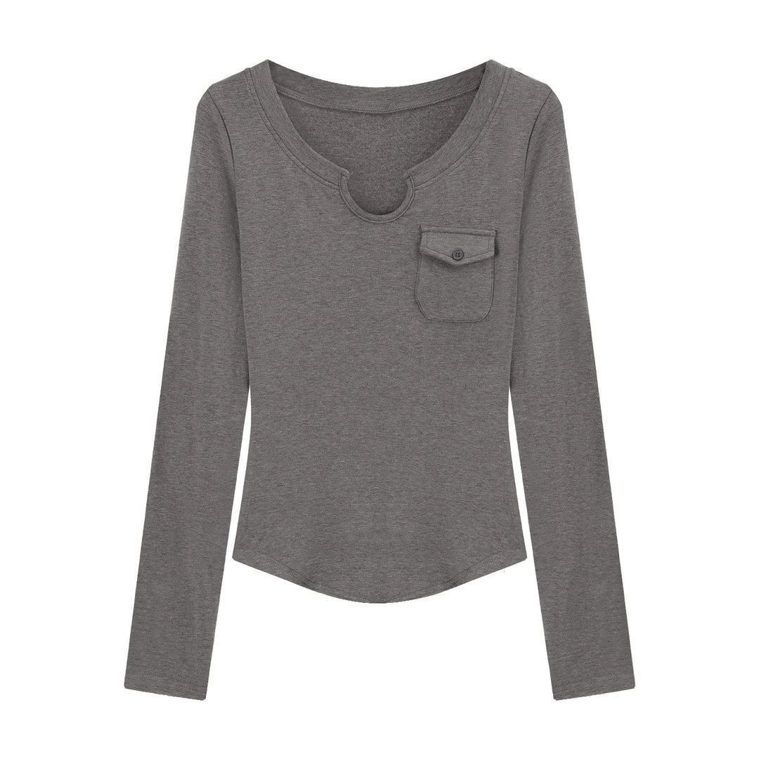 Damen Slim-Fit Langarmshirt mit Rundhalsausschnitt und Brusttasche Drune