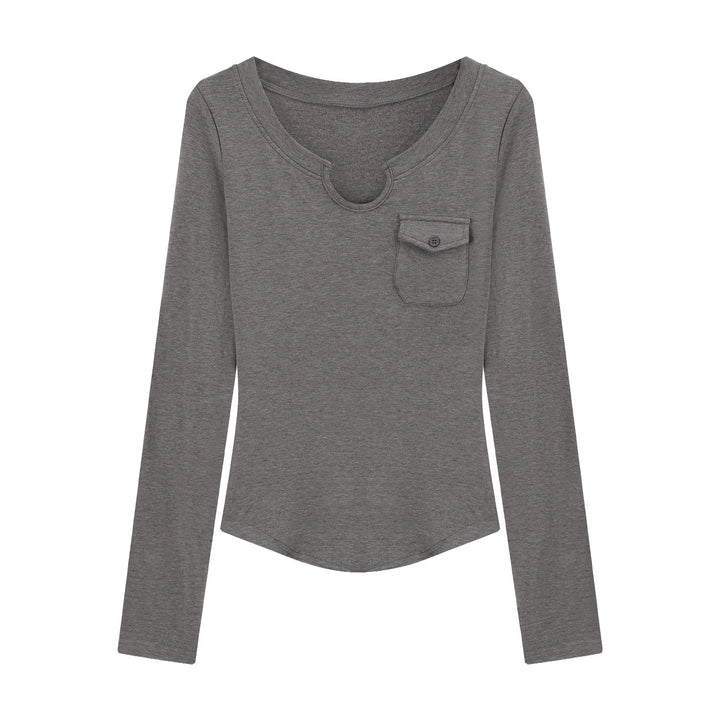 Damen Slim-Fit Langarmshirt mit Rundhalsausschnitt und Brusttasche Drune