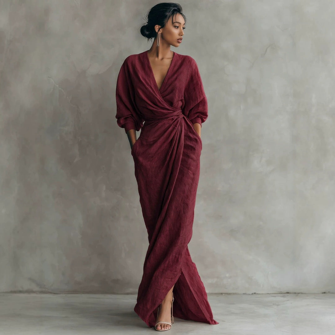 Damen Wickel-Maxikleid aus Leinenmix mit tiefem V-Ausschnitt und Ballonärmeln Drune