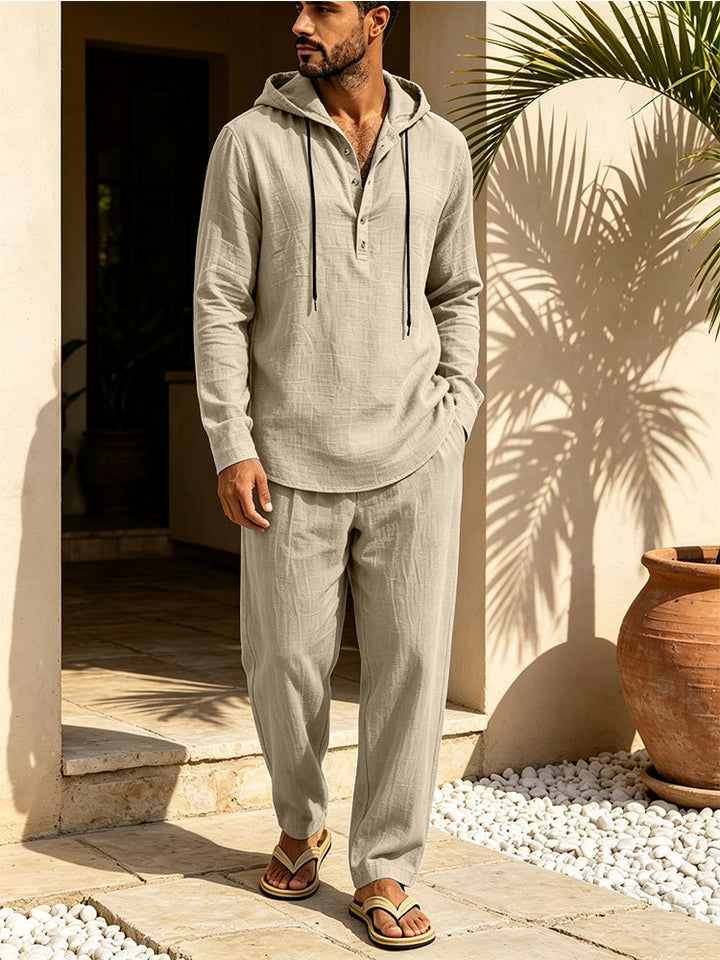 Herren Lässiges Leinen-Look Freizeit-Set mit Kapuzenhemd und weiten Hosen Drune