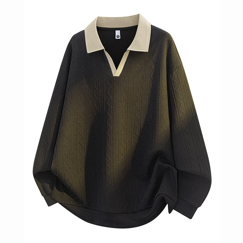Herren Oversize Strick-Polo mit Strukturstrick, offenem V‑Ausschnitt und geripptem Kragen Drune