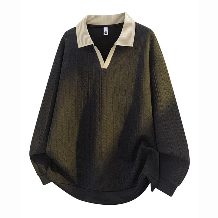 Herren Oversize Strick-Polo mit Strukturstrick, offenem V‑Ausschnitt und geripptem Kragen Drune
