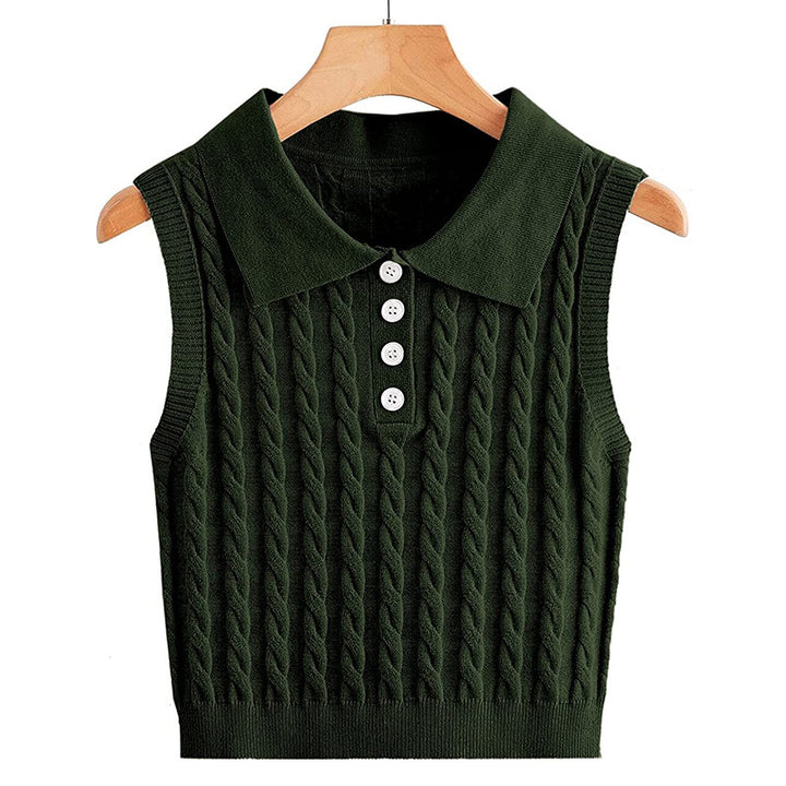 Damen Ärmellose Strickweste mit Polokragen und Zopfmuster Drune