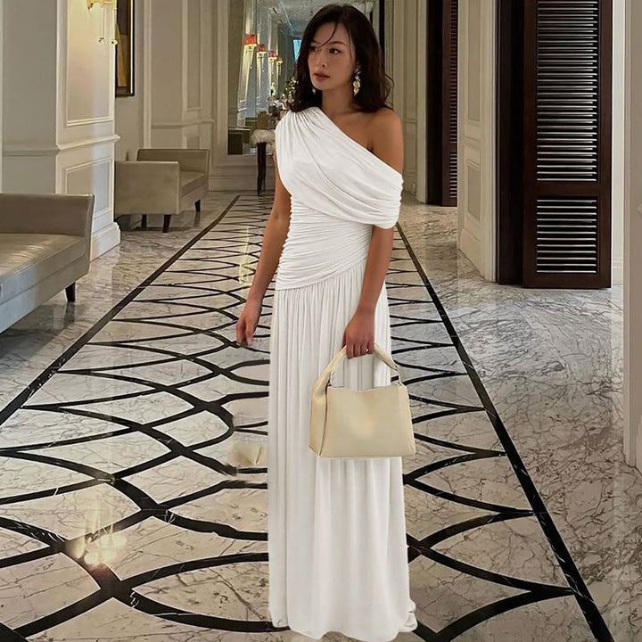 Damen Elegantes asymmetrisches Maxikleid mit Raffungen Drune