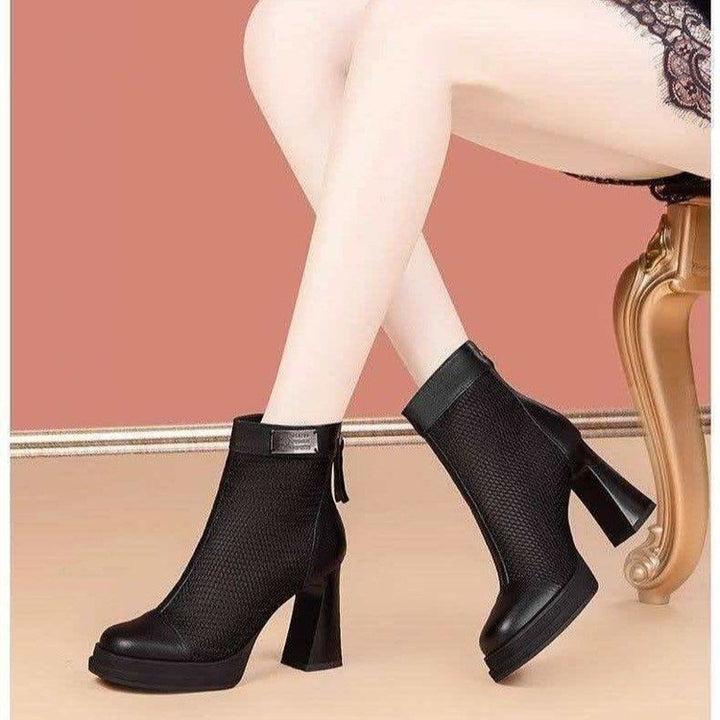 Damen Elegante und modische Stiefeletten mit Netz-Design und Blockabsatz Drune
