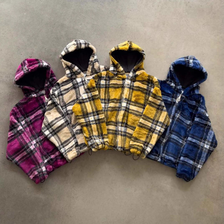 Unisex nan gefütterte Plaid-Fleece-Bomberjacke mit Kapuze Kordelzug und Reißverschlusstaschen Drune
