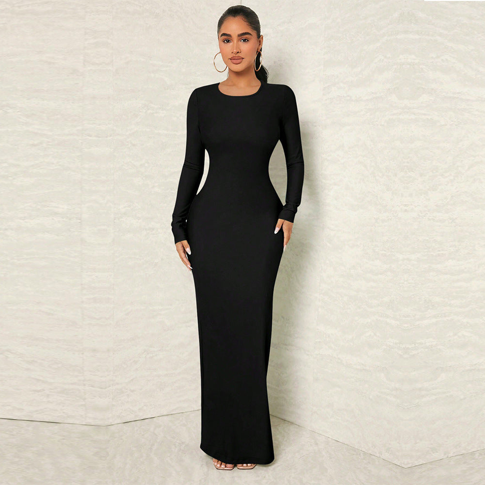 Damen figurnahes Maxikleid mit Rundhalsausschnitt, langem Arm und sculptender Taillenform Drune