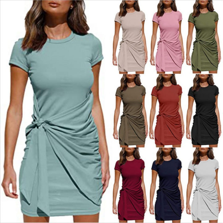 Damen Kurzarm Wickelkleid mit Raffung und Knoten Detail Drune