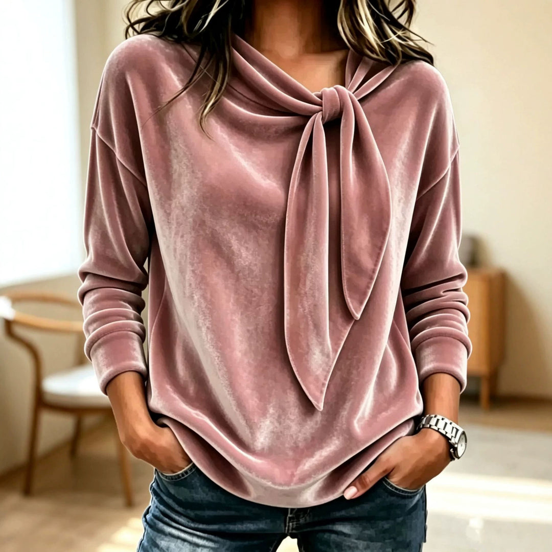Damen Drapiertes Velours-Sweatshirt mit Knotenschalkragen Drune
