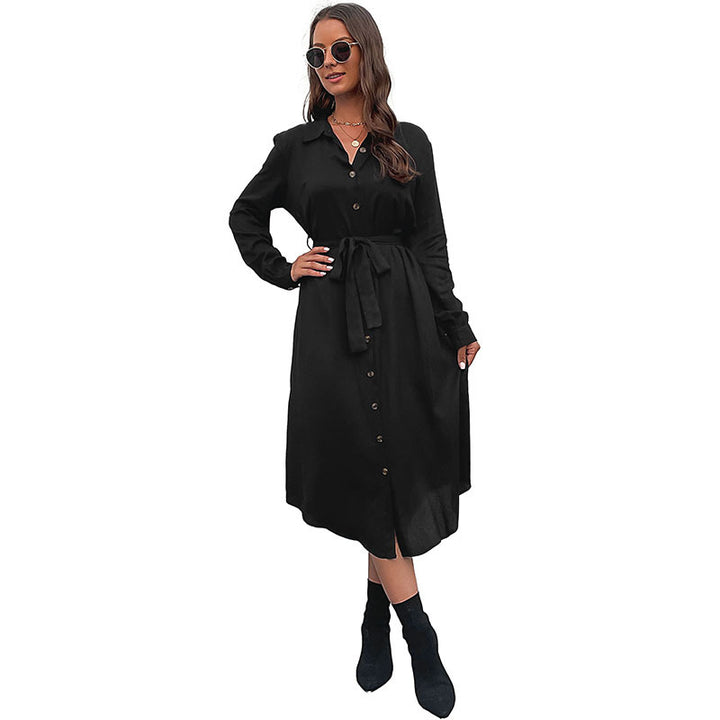 Damen Midikleid im Hemdblusenstil mit durchgehender Knopfleiste, Taillenbindegürtel und langen Ärmeln Drune