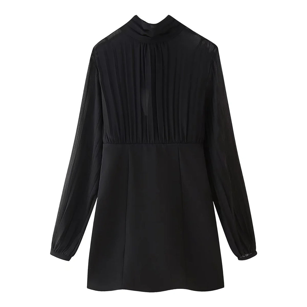 Damen nan Chiffon-Minikleid mit Schleifenkragen, plissierten Langärmeln und tailliertem Rock Drune