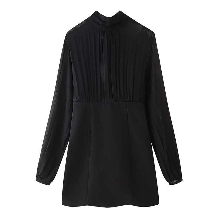 Damen nan Chiffon-Minikleid mit Schleifenkragen, plissierten Langärmeln und tailliertem Rock Drune